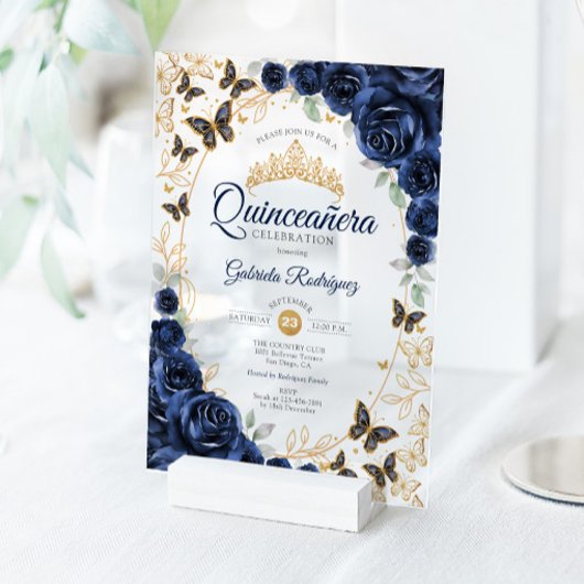 Navy Gold Floral Quinceanera Acryleinladungen