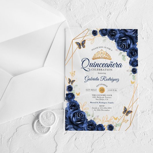 Navy Gold Floral Quinceanera Acryleinladungen