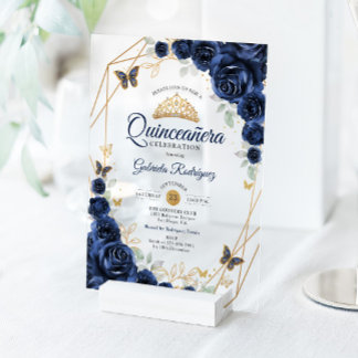 Navy Gold Floral Quinceanera Acryleinladungen