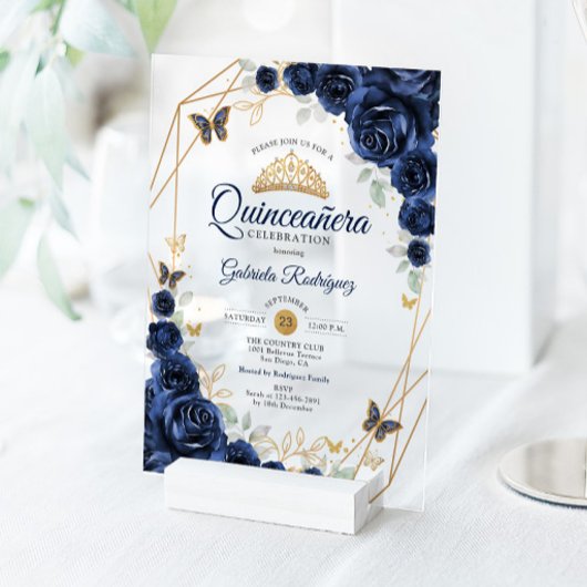 Navy Gold Floral Quinceanera Acryleinladungen