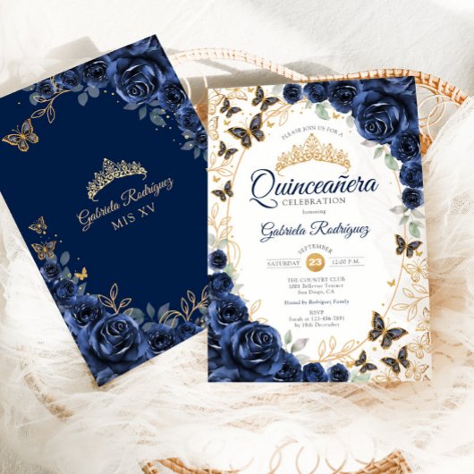 Navy Gold Floral Quinceanera Einladung