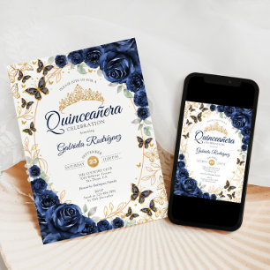 Navy Gold Floral Quinceañera Einladung