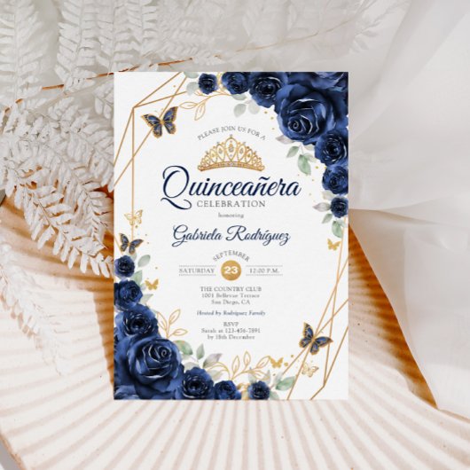 Navy Gold Floral Quinceanera Einladung