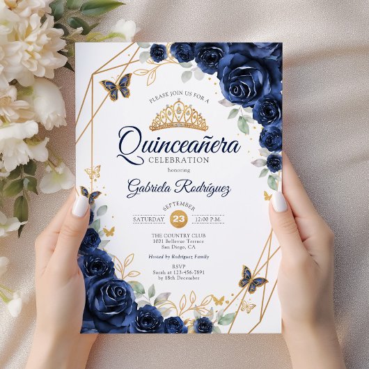 Navy Gold Floral Quinceanera Einladung