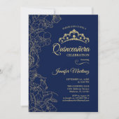 Navy Gold Floral Quinceanera Party Einladung (Vorderseite)