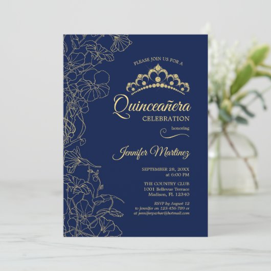 Navy Gold Floral Quinceanera Party Einladung (Stehend Vorderseite)