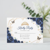 Navy Gold Floral Quinceanera Reply RSVP Karte (Stehend Vorderseite)