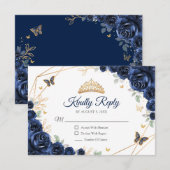 Navy Gold Floral Quinceanera Reply RSVP Karte (Vorne/Hinten)