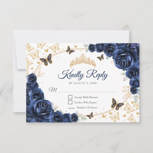 Navy Gold Floral Quinceanera Reply RSVP Karte (Vorderseite)