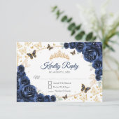 Navy Gold Floral Quinceanera Reply RSVP Karte (Stehend Vorderseite)