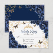 Navy Gold Floral Quinceanera Reply RSVP Karte (Vorne/Hinten)