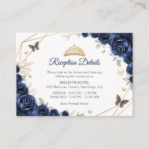 Navy Gold Floral Quinceanera-Rezeptionsdetails Begleitkarte