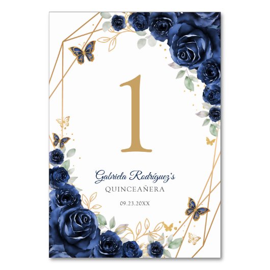 Navy Gold Floral Quinceanera Tischnummer (Vorderseite)
