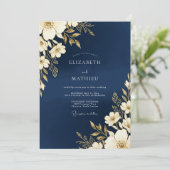 Navy Gold Floral Romance Wedding Einladung (Stehend Vorderseite)
