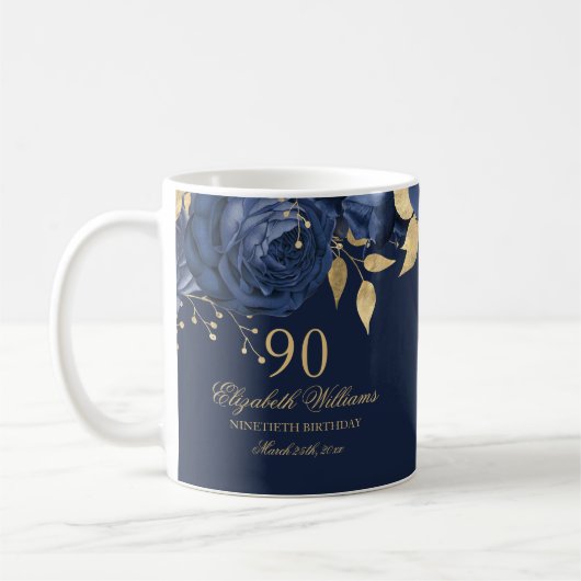Navy Gold Floral Rose 90. Geburtstag Kaffeetasse (Links)