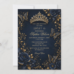 Navy Gold Florale Schmetterling Sweet 16 Einladung