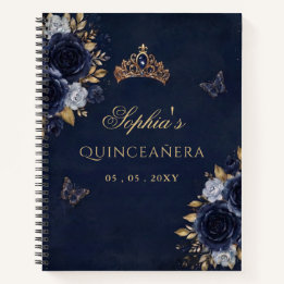 Navy Gold Florales Schmetterling Quinceañera Gäste Notizblock