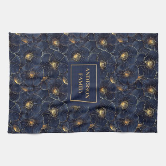 Navy Gold Flower Towel Modern Monogram Kitchen Geschirrtuch (Horizontal)
