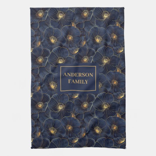 Navy Gold Flower Towel Modern Monogram Kitchen Geschirrtuch (Vertikal)