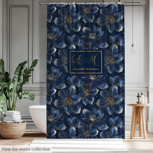 Navy Gold Flowers Shower Curtain Lux Minimalist Duschvorhang