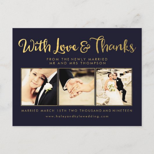 Navy Gold Foil Vielen Dank Script Typografy Foto Postkarte (Vorderseite)
