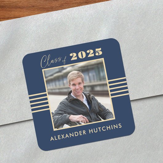 Navy Gold Foto Frame 2025 Graduate Quadratischer Aufkleber