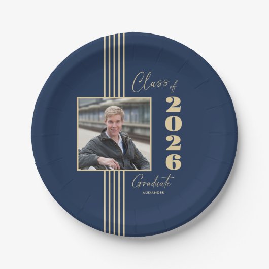Navy Gold Foto Frame Class 2025 Abschluss Pappteller (Vorderseite)
