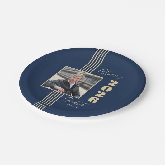 Navy Gold Foto Frame Class 2025 Abschluss Pappteller (Schrägansicht)
