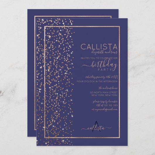 Navy Gold Funkelnd Glitzer Confetti Side Geburtsta Einladung (Vorne/Hinten)
