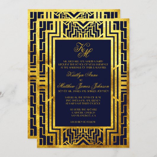 Navy Gold Gatsby Art Deco Einladungs-Karte Einladung (Vorne/Hinten)
