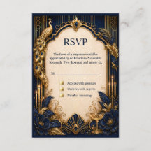 Navy Gold Gatsby Pfau RSVP Hochzeit luxuriös