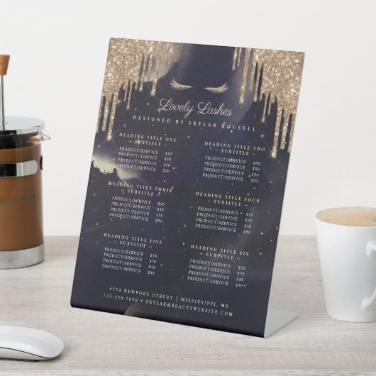 Navy & Gold Glam Glitzer Tropfen Eyelash Services Sockelschild (In SItu)