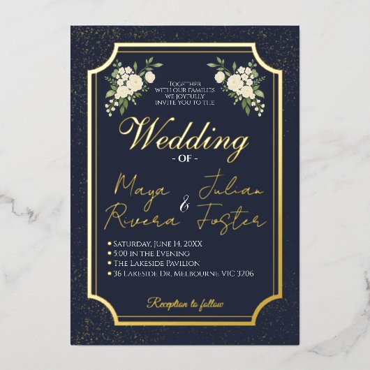 Navy Gold Glitter White Floral Photo Wedding Folieneinladung (Vorderseite)