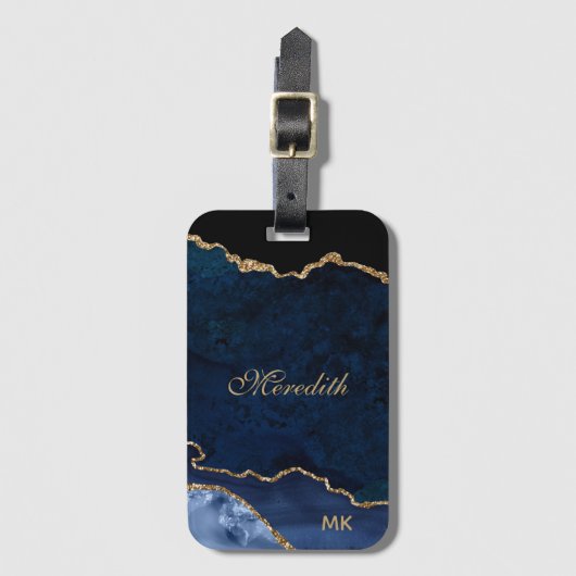 Navy Gold Glitzer Agate Personalisiert Gepäckanhänger (Vorderseite Vertikal)