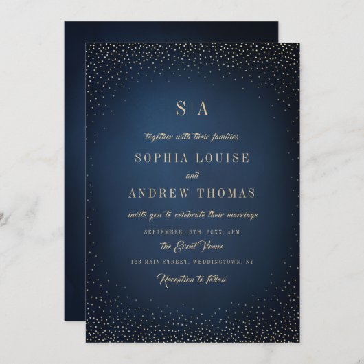 Navy & Gold Glitzer Ausgereifte Monogramm Hochzeit Einladung (Vorne/Hinten)