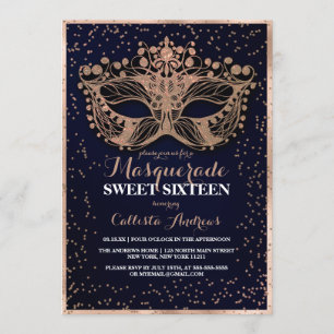 Navy Gold Glitzer Confetti Masquerade Sweet 16 Einladung
