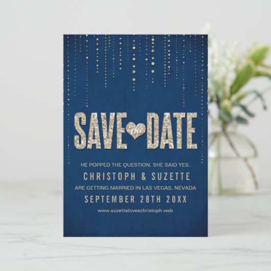 Navy & Gold Glitzer Look Speichern Sie die Daten Save The Date (Stehend Vorderseite)