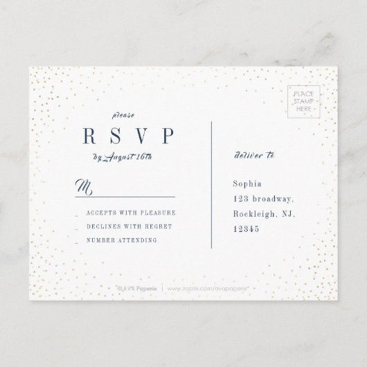 Navy & Gold Glitzer Simple Wedding RSVP Einladungspostkarte (Rückseite)
