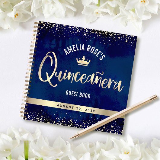 Navy Gold Glitzern Tiara Quinceñera Gästebuch Notizblock