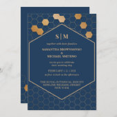 Navy Gold Honeycomb Wedding Einladung (Vorne/Hinten)