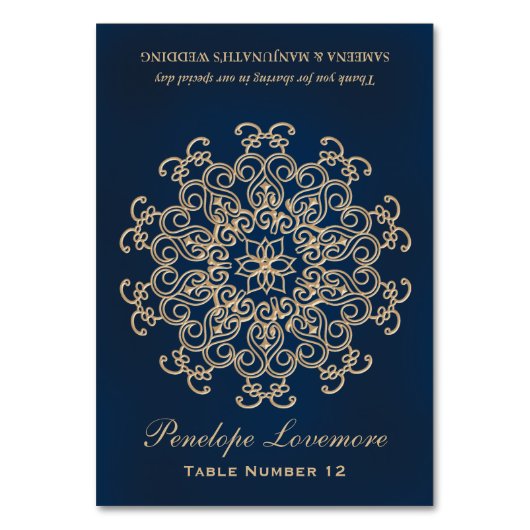 Navy Gold Indian Style DIY Zelt Platzkarte Tischnummer (Vorderseite)