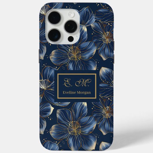 Navy Gold iPhone Case Elegant Floral Custom Name (Rückseite)