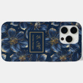 Navy Gold iPhone Case Elegant Floral Custom Name (Rückseite (Horizontal))