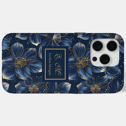 Navy Gold iPhone Case Elegant Floral Custom Name (Rückseite (Horizontal))