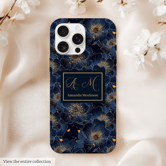 Navy Gold iPhone Case Lux Monogram Floral Accent