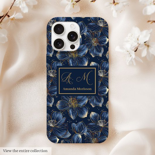 Navy Gold iPhone Hülle Elegantes Blumenmuster mit 