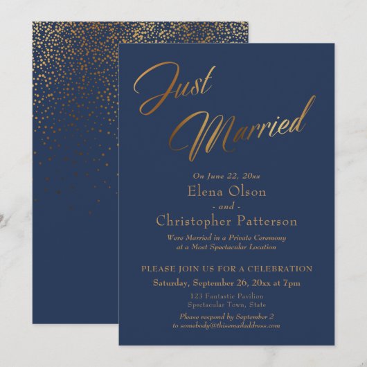 Navy & Gold Just Married Script Confetti Empfang Einladung (Vorne/Hinten)