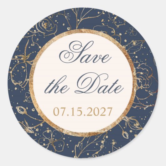 Navy, Gold, Konfetti Save the Date Runder Aufkleber (Vorderseite)