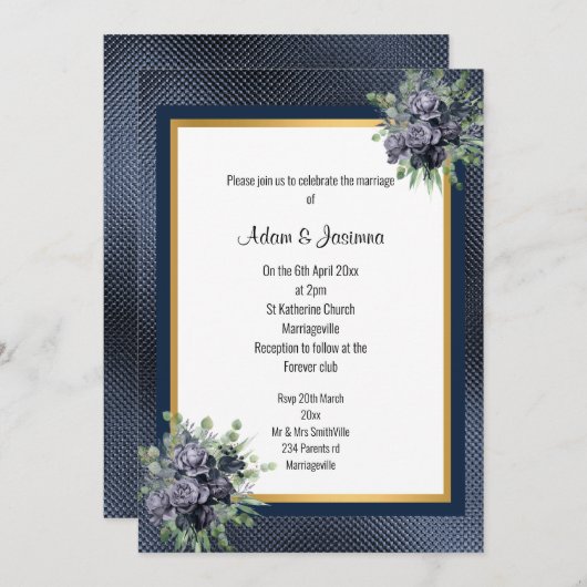 NAVY GOLD LAYERED EMBOSSED FLORAL WEDD EINLADUNG (Vorne/Hinten)