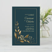 Navy Gold Leaf Botanical Wedding Einladung (Stehend Vorderseite)
